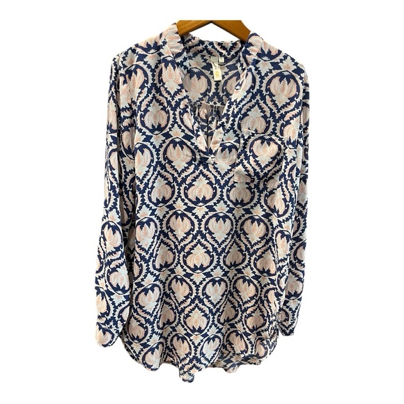 Lara‎ Fashion Navy & Blush Patterned V Neck Tunic Blouse Cover Up Size Medium - Picture 1 of 9